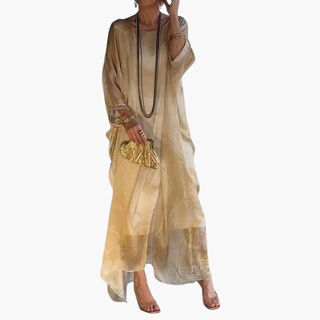 CM | Maxi vestido de mujer en gasa de seda con mangas murciélago y superposiciones