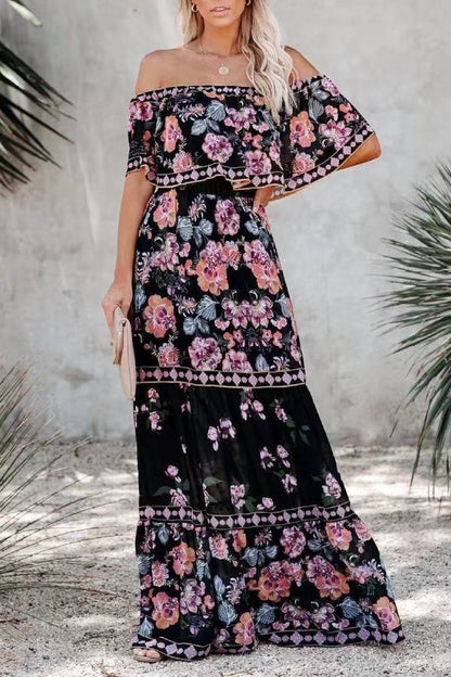CM | Vestido largo estampado con hombros al aire