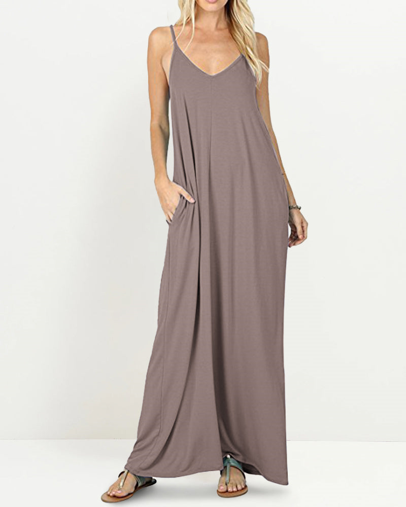CM | Casual Fluye Bolsillos Suelta Playa Sin Mangas Cami Maxi Vestidos