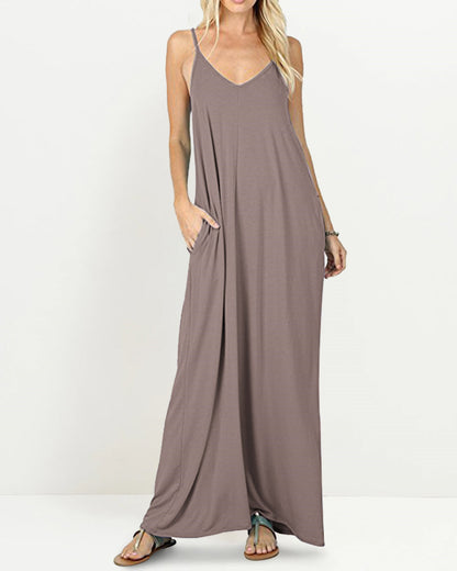 CM | Casual Fluye Bolsillos Suelta Playa Sin Mangas Cami Maxi Vestidos