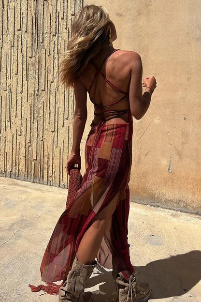 CM | Estilo Gitano Impresión Única Cuello Vaca Atrás Encaje Abertura Vestido Midi