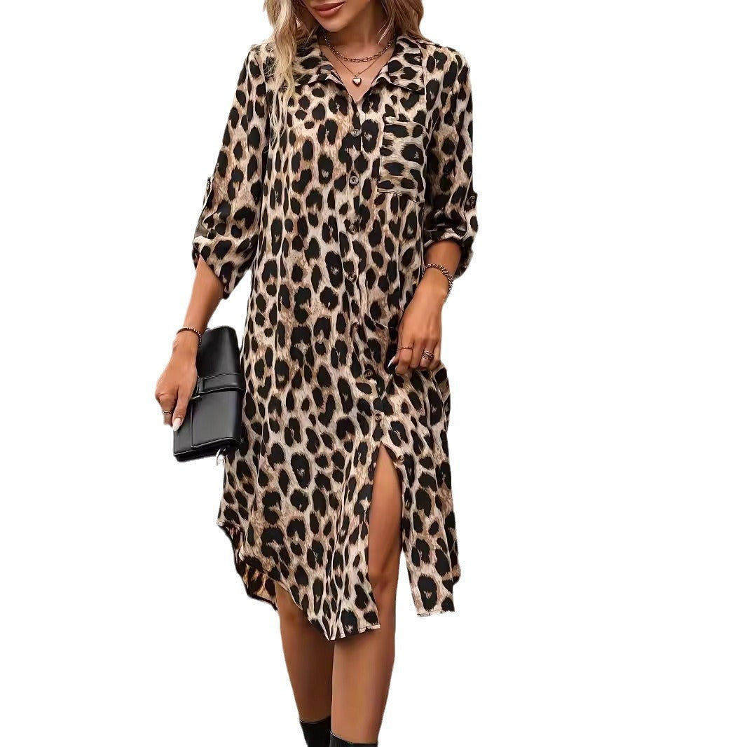 CM | Leopard Print Beach Cover-up V-Neck Robe Holiday Bikini Dress