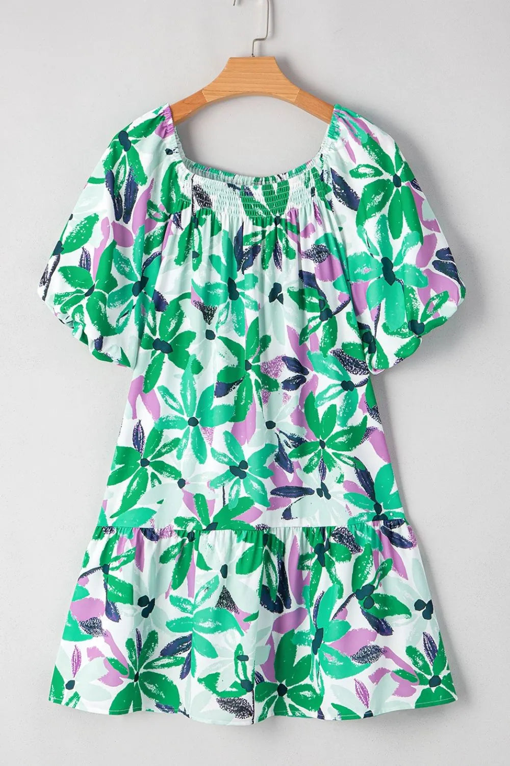 CM | Estampado floral Escote cuadrado fruncido Minivestido holgado