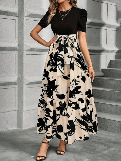 CM | Maxi Vestido de Mujer - Mangas cortas abullonadas - Lazo en la cintura - Corte en A - Estampado floral