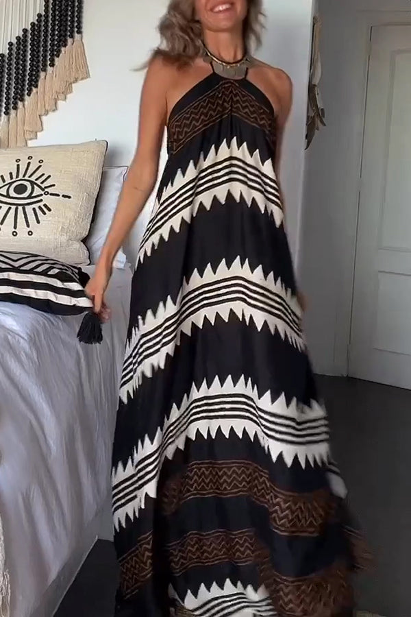 CM | Hey Vacay Impresión étnica Halter A-line Maxi Vestido