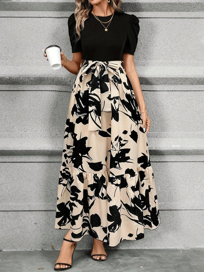 CM | Maxi Vestido de Mujer - Mangas cortas abullonadas - Lazo en la cintura - Corte en A - Estampado floral