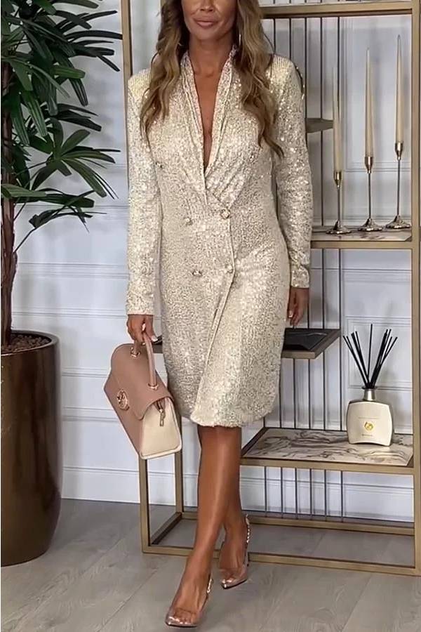 CM | Luxe Feeling Lentejuelas Botón Manga Larga Blazer Vestido Midi