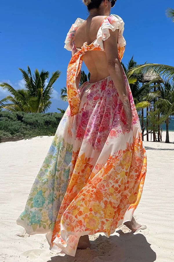 CM | Blooming Beauty Maxi Vestido Floral con Cuello de Volantes y Lazo en la Espalda Multicolor