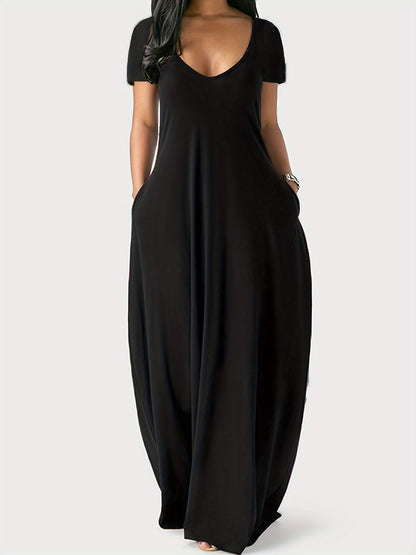 CM | Maxivestido de mujer - Corte vaporoso - Cuello en pico - Mangas cortas - Ligero con bolsillos