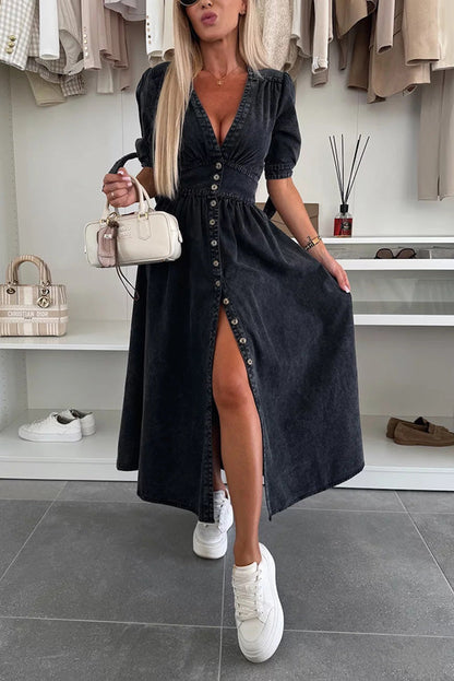CM | Vestido midi vaquero con cuello en V y botones en color sólido