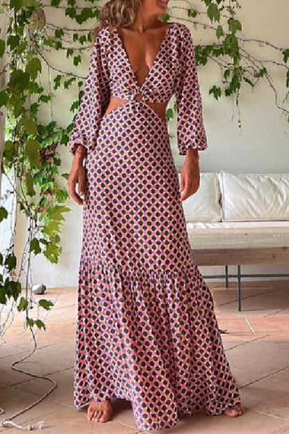CM | Serene Dreams Maxi Vestido con Cuello Lateral Estampado y Cintura Elástica