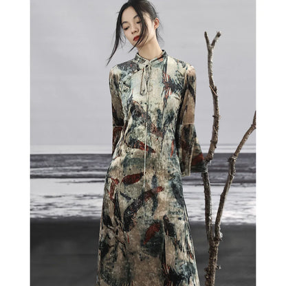 CM | Elegante vestido largo retro de terciopelo oscuro con botones de disco