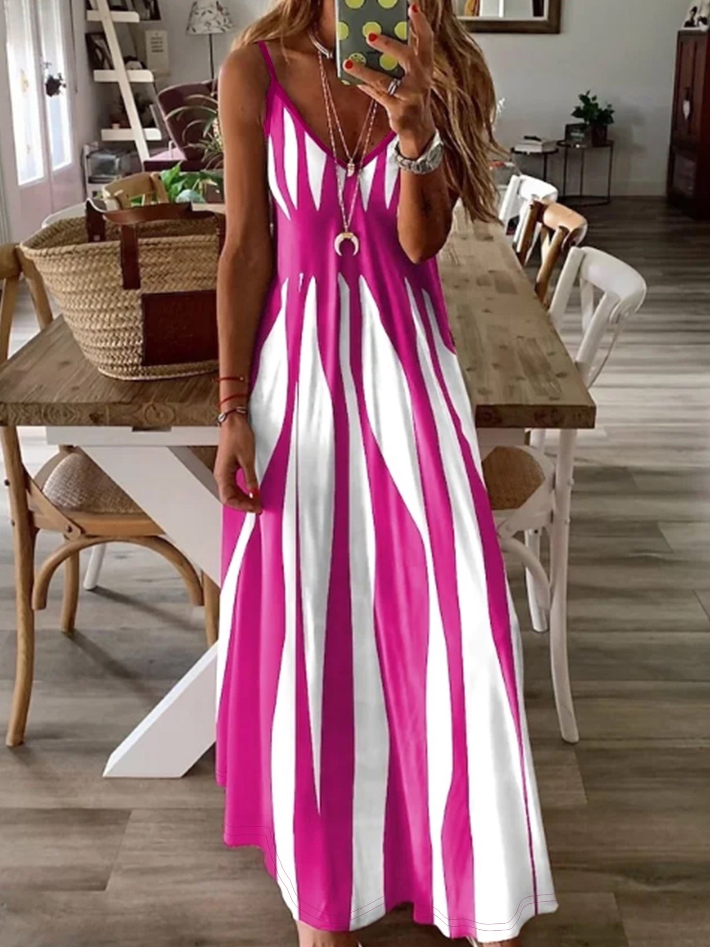 CM | Vestido maxi de mujer - sin mangas - cuello en V - corte relajado - ropa casual ligera
