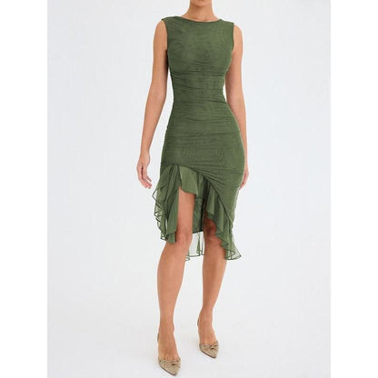 CM | Elegante vestido midi sin espalda con volantes