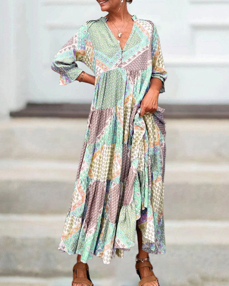 CM | Vestido maxi colorido con estampado colorblock y mangas 3/4