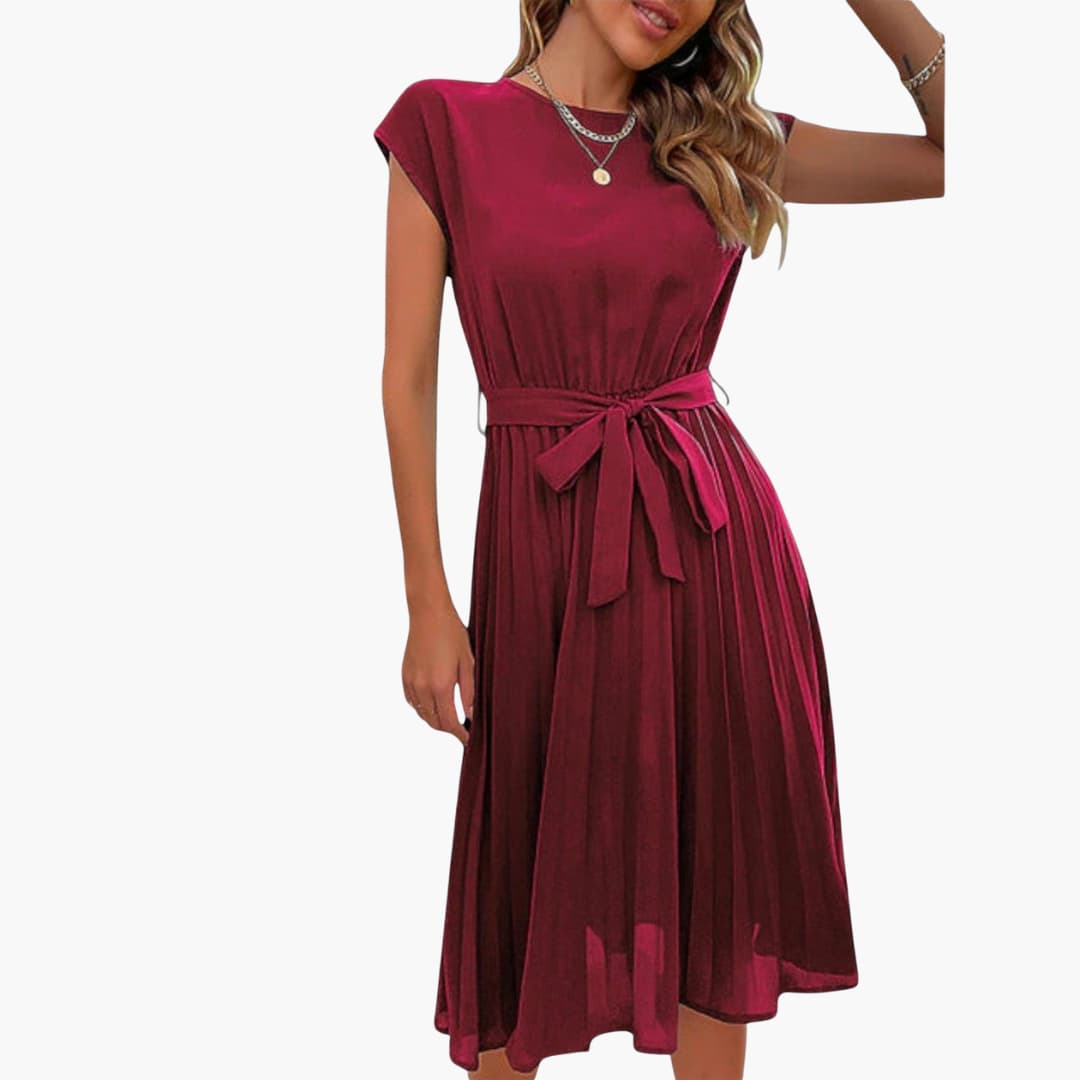 CM | Vestido midi informal de mujer con falda plisada y cinturón de anudar