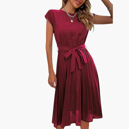 CM | Vestido midi informal de mujer con falda plisada y cinturón de anudar