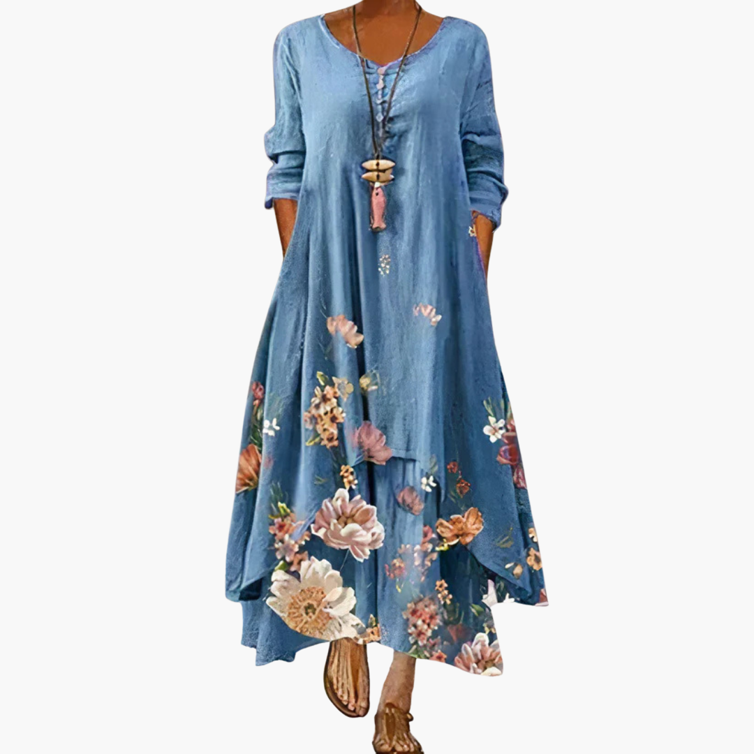 CM | Vestido maxi de verano para mujer con mangas largas y estampado floral