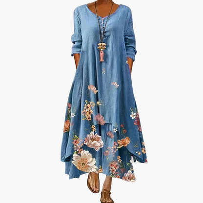 CM | Vestido maxi de verano para mujer con mangas largas y estampado floral