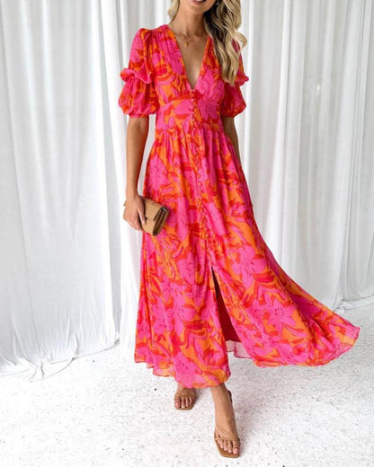 CM | Elegante maxi vestido con escote en V y mangas abullonadas