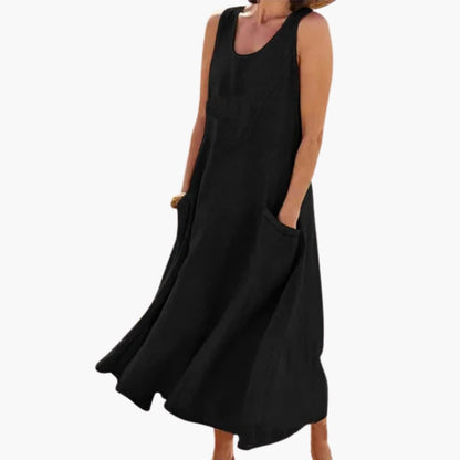 CM | Vestido midi sin mangas de lino para mujer con escote redondo y bolsillos