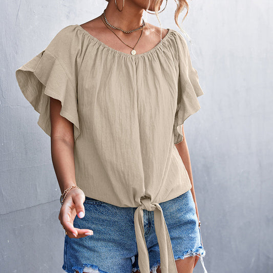 CM | Escote asimétrico Blusa de manga corta con nudo fijo delante