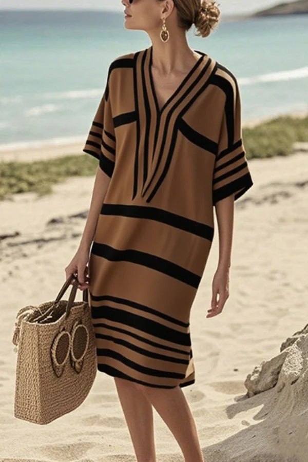 CM | Fashion Estampado a rayas Cuello en V Vestido midi holgado para vacaciones