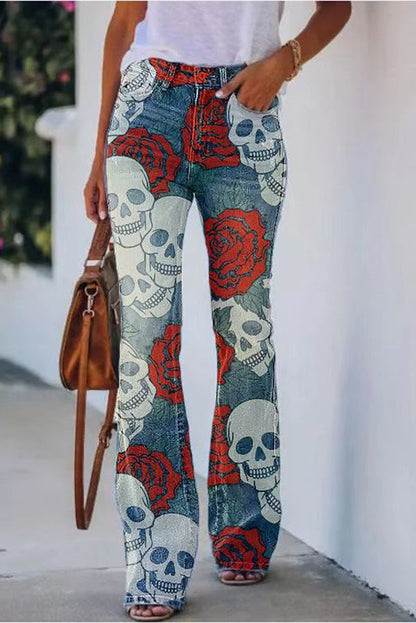 CM | Pantalones acampanados de tiro alto con estampado de imitación