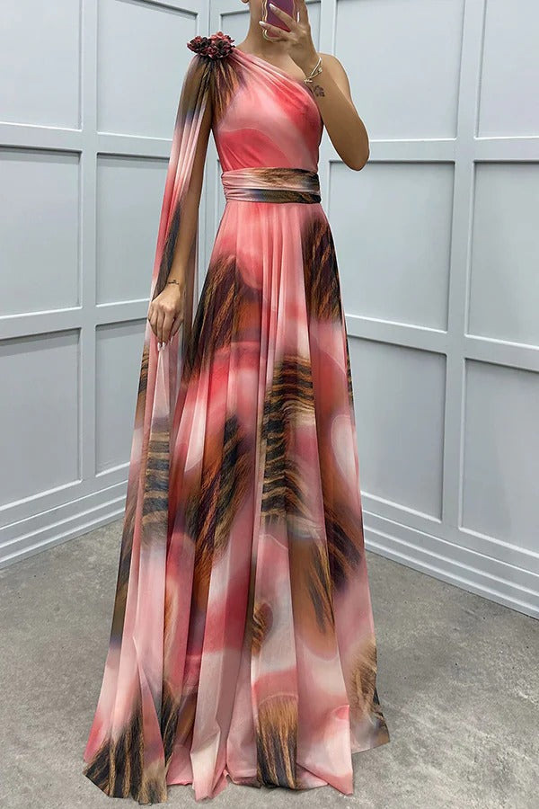 CM | Lucia Impresión única Detalle Floral Un Hombro Vestido Manga Drapeada Maxi Vestido