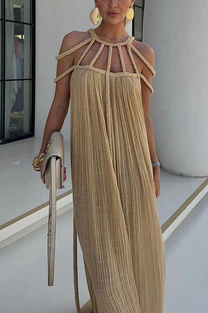 CM | Vestido Largo Mujer - Corte Relajado - Cuello Halter - Detalles Trenzados - Fibras Naturales