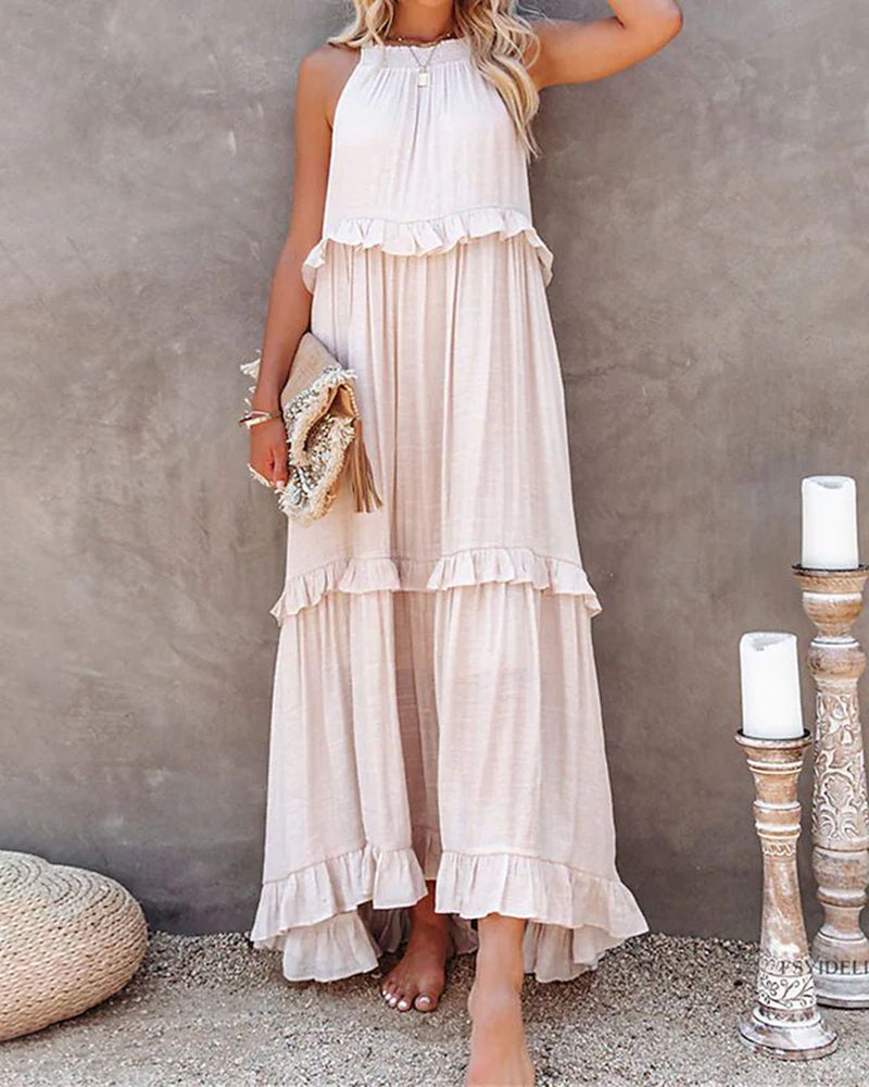 CM | Boho Largo Color Sólido Sin Mangas Halter Ruffle Maxi Vestidos