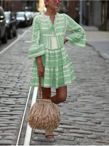 CM | Swing Vestido Corto Mini Vestido Negro Azul Rosa Rubor Verde 3/4 Longitud Manga Impresión Geométrica Primavera Verano Cuello en V Boho Flare Cuff Manga 2021 S M L XL XXL 3XL