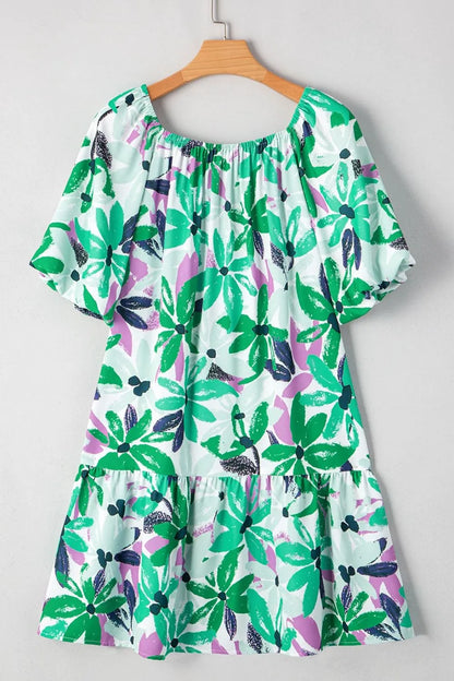CM | Estampado floral Escote cuadrado fruncido Minivestido holgado