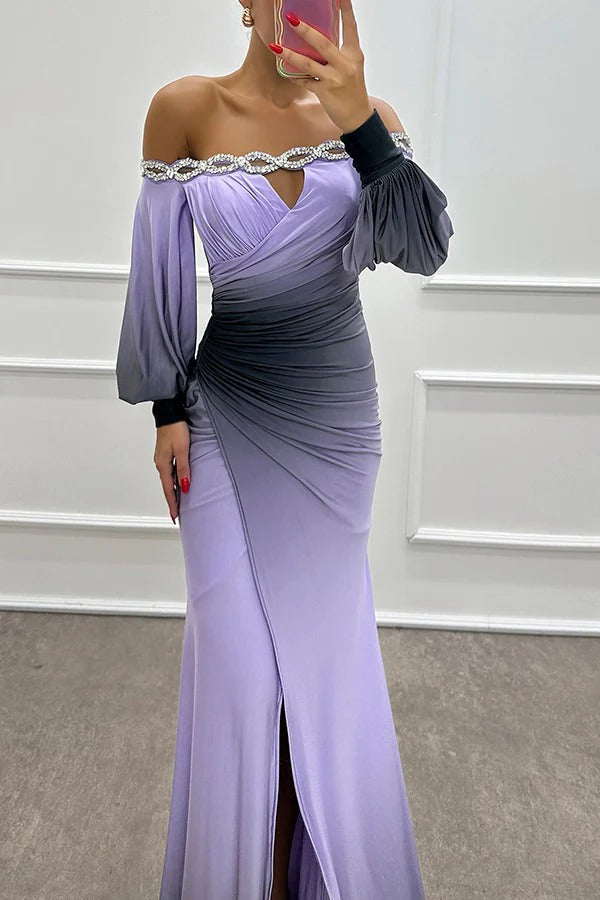 CM | Julieta Estampado degradado Cuello barco Hombros descubiertos Detalle piedras preciosas Vestido con aberturas Maxi Vestido