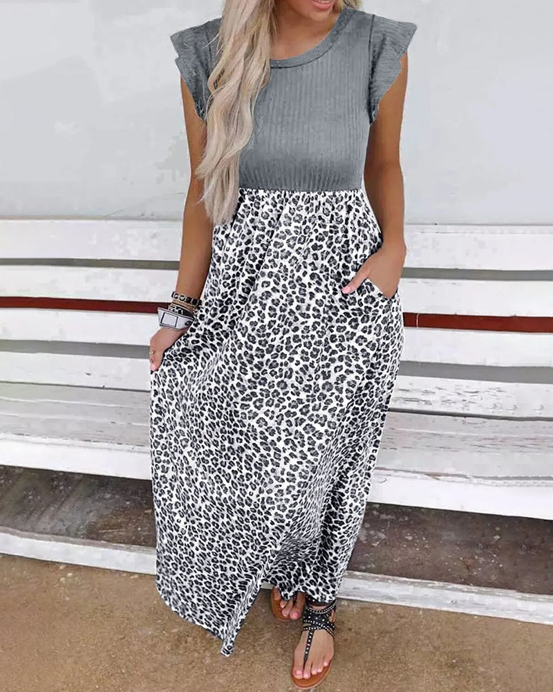 CM | Negro Leopardo Costura Vestido Largo Verano Cintura Adelgazar Maxi Vestido