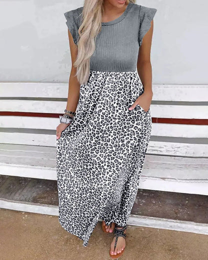CM | Negro Leopardo Costura Vestido Largo Verano Cintura Adelgazar Maxi Vestido