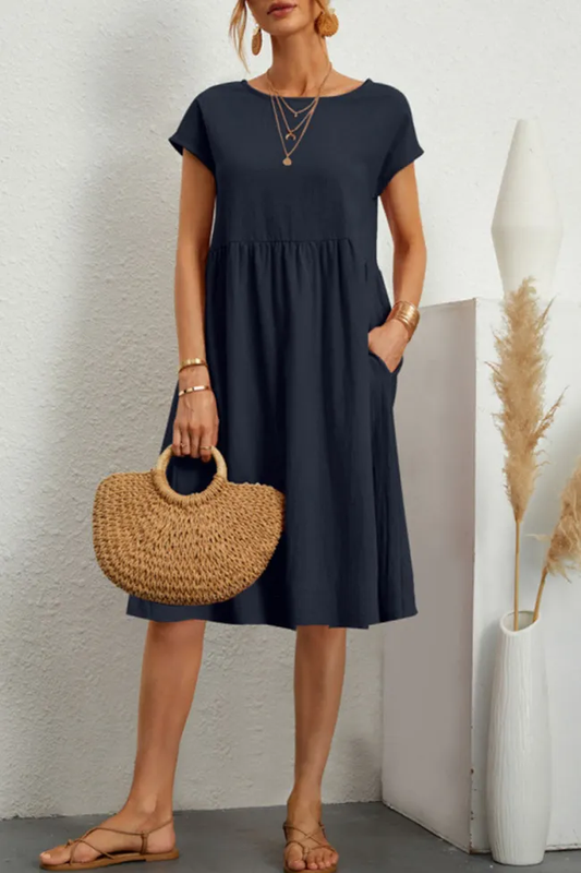 CM | Vestido informal de patchwork monocromático con escote en O y mangas cortas en A