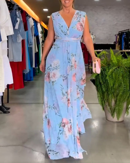CM | Vestido largo floral sin mangas con dobladillo partido