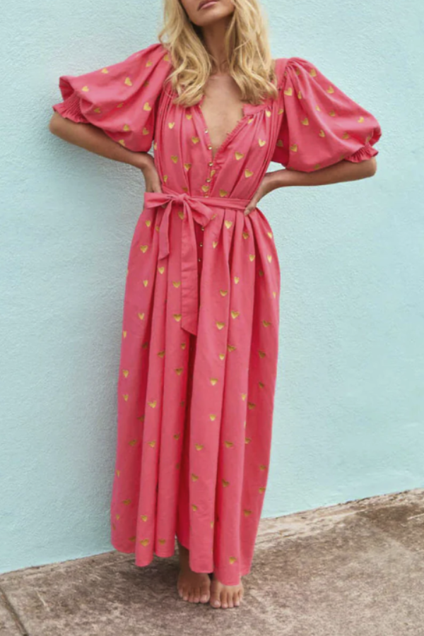 CM | Verano Suelto Impreso Cardigan Manga Corta Vestido Largo