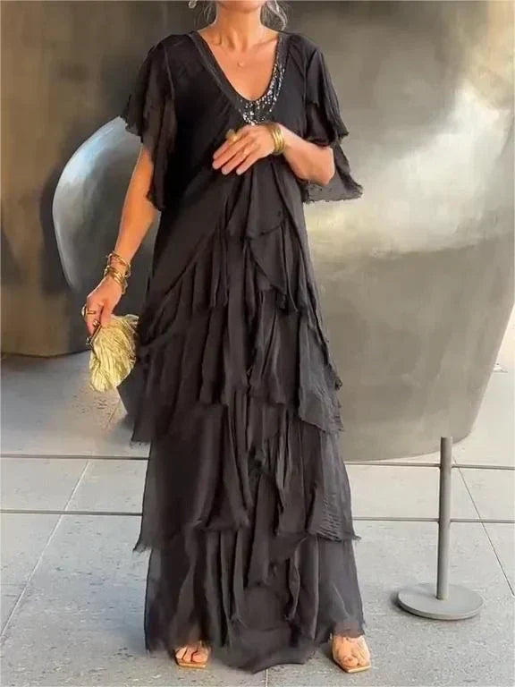 CM | maxi vestido fruncido de manga corta y cuello en V