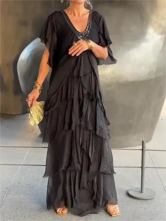 CM | maxi vestido fruncido de manga corta y cuello en V