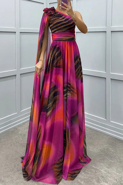 CM | Lucia Impresión única Detalle Floral Un Hombro Vestido Manga Drapeada Maxi Vestido