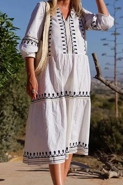 CM | Cuello en V Casual Bordado Suelto Manga Midi Vestido Midi