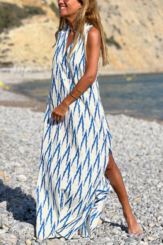 CM | Vestido Largo Casual Sin Mangas Estampado Azul