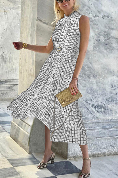 CM | Vestido midi entallado sin mangas con estampado único de solapas