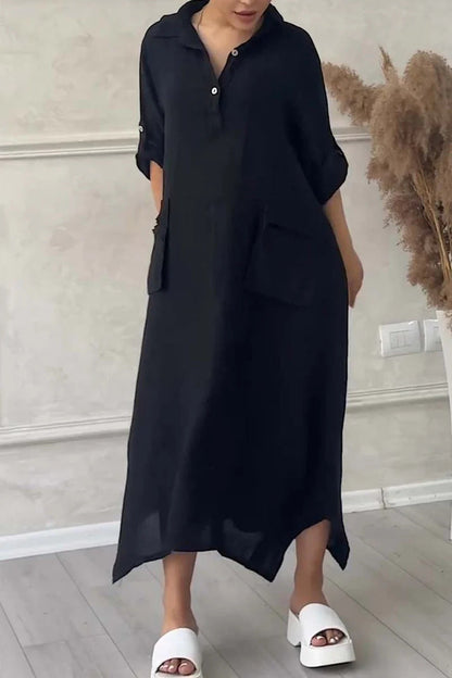 CM | Maxi vestido para mujer en lino y algodón con solapa