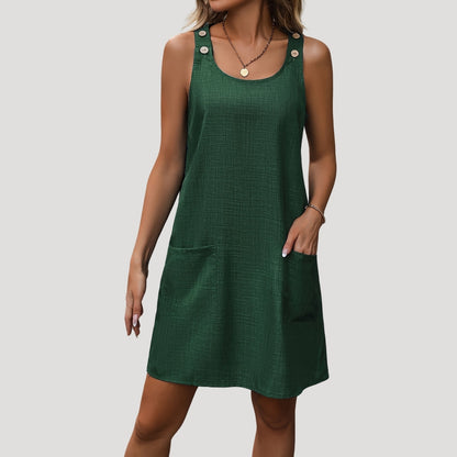 CM | Minivestido casual sin mangas para mujer con botones y tirantes