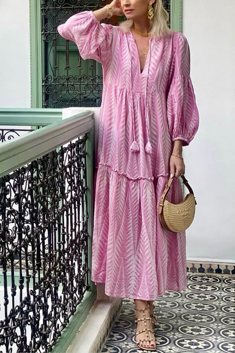 CM | Marrakech Stories Vestido midi estampado en mezcla de lino con mangas globo y bolsillos en forma de A