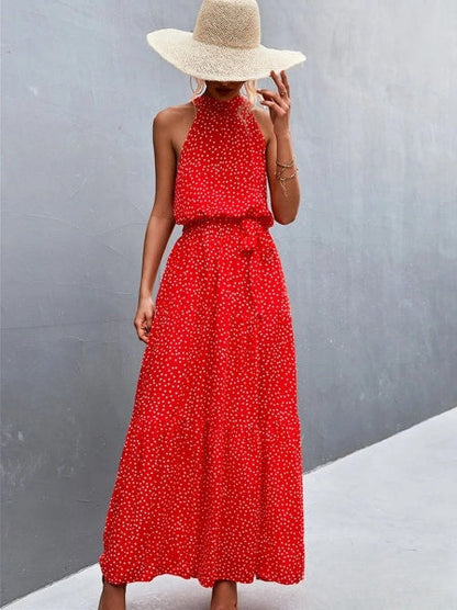 CM | Vestido mono de tirantes y escote halterneck con estampado de lunares ondulados