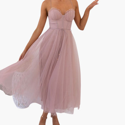 CM | maxi vestido de tul para mujer con tirantes finos y busto fruncido